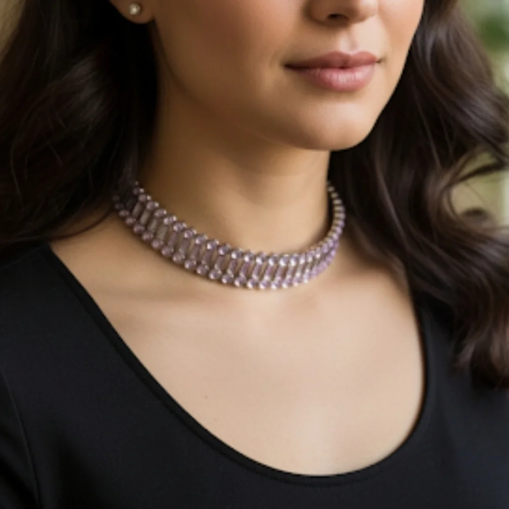 Silver and Purple Flexible Choker Necklace with Matching Open Cuff Bracelet